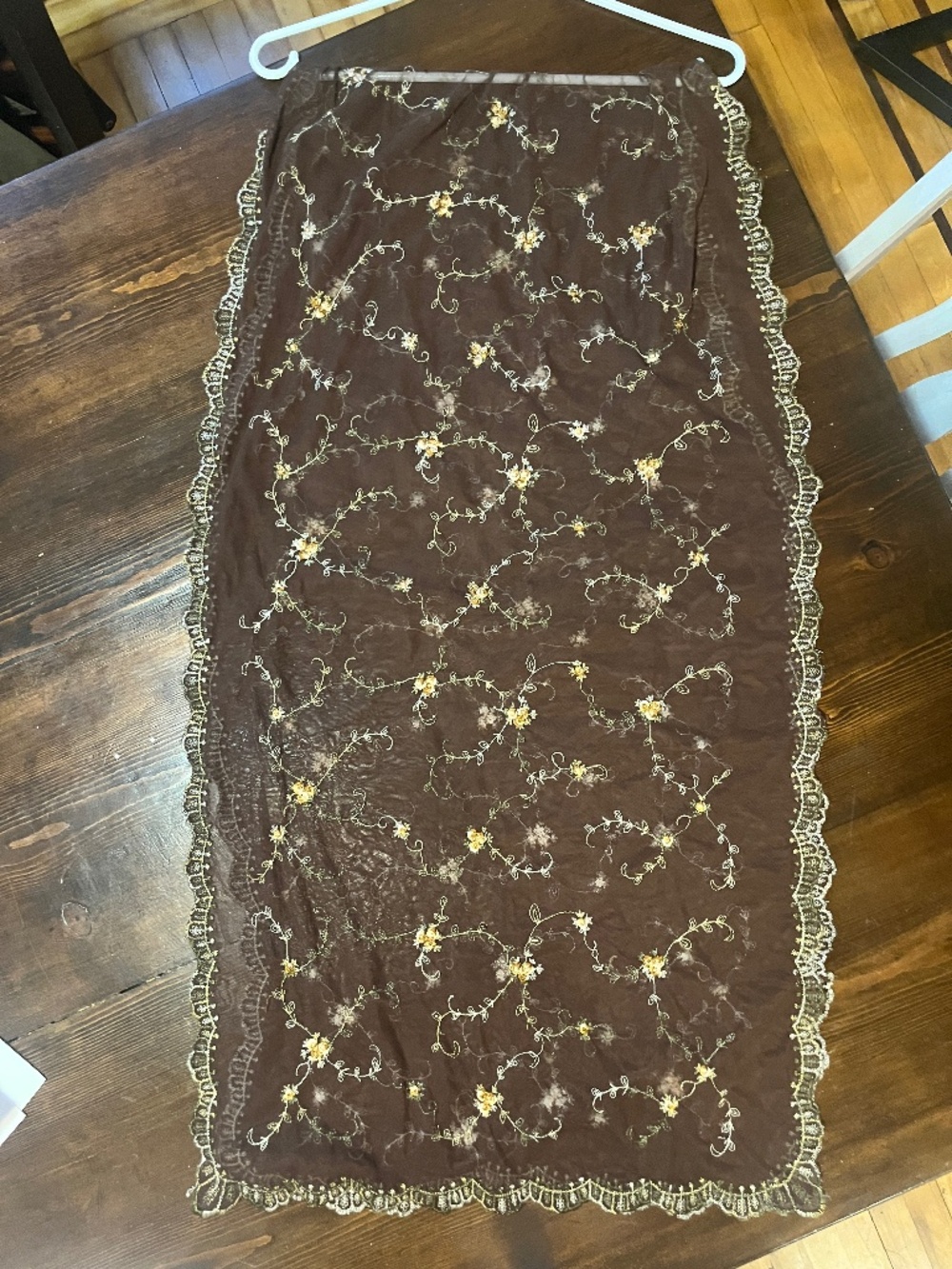 Vintage 90s/Y2K Coffee Brown Mesh Shawl Veil 3D Gold Floral Embroidery